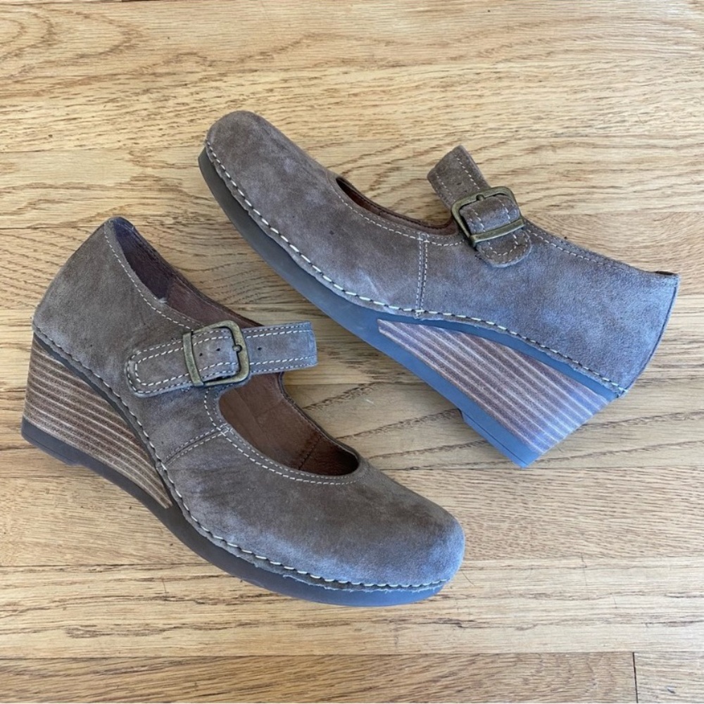 Dansko Taupe Suede Mary Jane Wedge Shoes - Picture 6 of 13